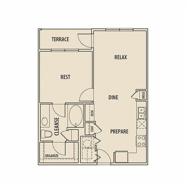 Floor plan for 1 bed, 1 bath, 716 sqft